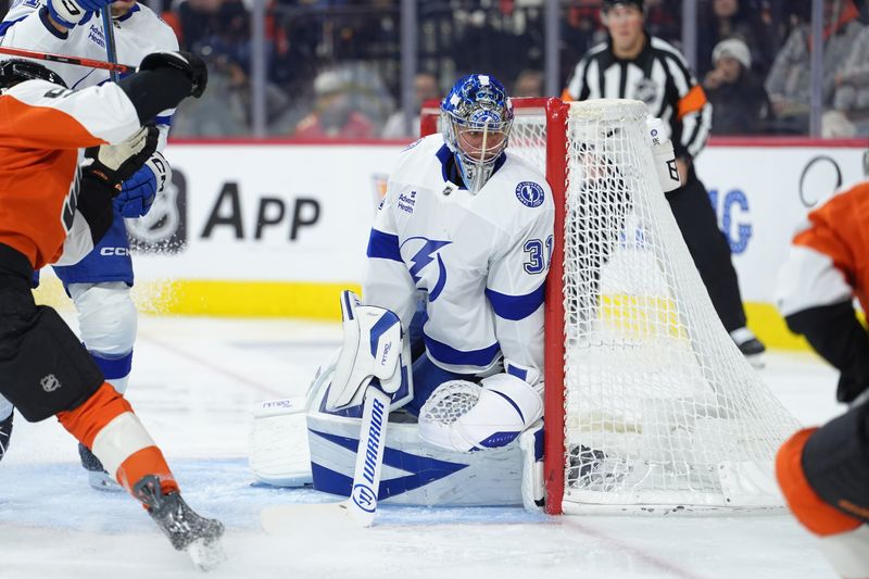 Jan 12, 2026; Philadelphia, Pennsylvania, USA; Tampa Bay Lightning goalie Jonas Johansson (31) in action against the Philadelphia Flyers in the first period at Xfinity Mobile Arena. Mandatory Credit: Kyle Ross-Imagn Images