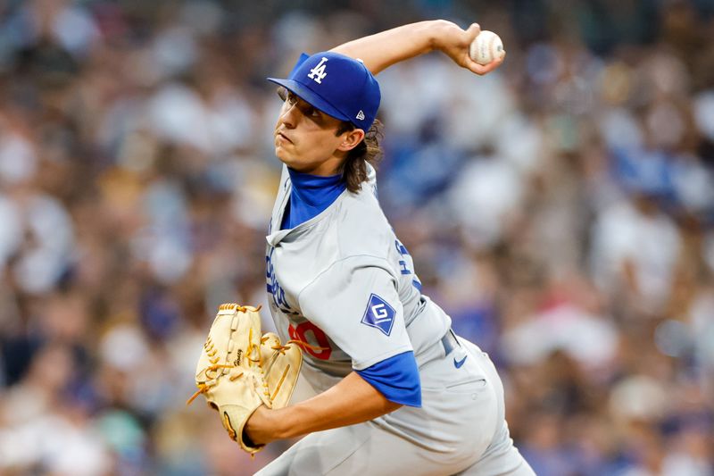 Jul 31, 2024; San Diego, California, USA; Los Angeles Dodgers relief pitcher Brent Honeywell (40) pitches during the sixth inning against the San Diego Padres at Petco Park. Mandatory Credit: David Frerker-USA TODAY Sports