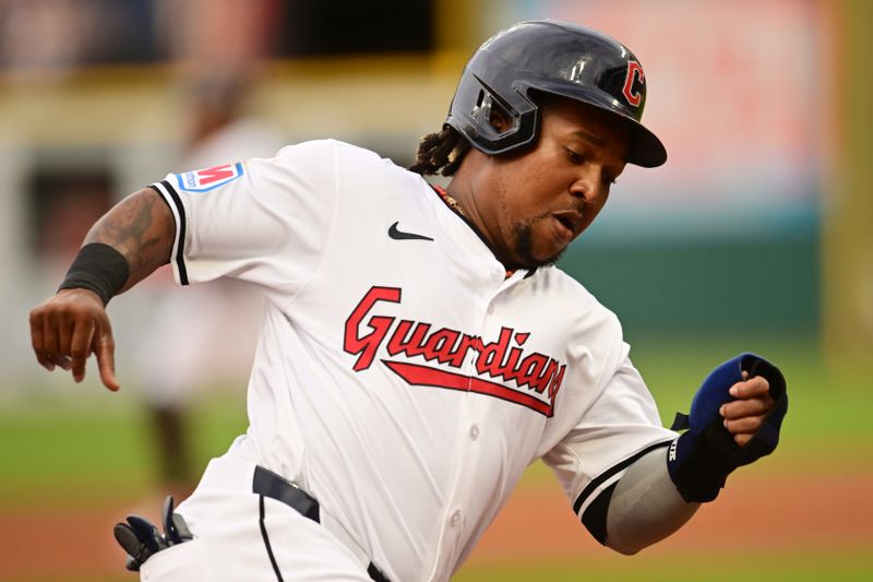 Apr 9, 2024; Cleveland, Ohio, USA; Cleveland Guardians third baseman Jose Ramirez (11) rounds third base en route to scoring during the third inning against the Chicago White Sox at Progressive Field. Mandatory Credit: Ken Blaze-USA TODAY Sports