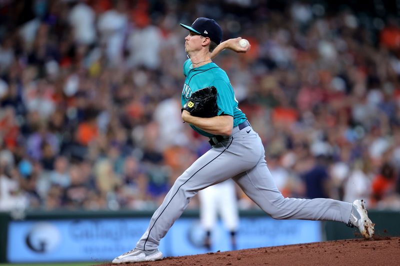 Aug 20, 2023; Houston, Texas, USA; Seattle Mariners starting pitcher Emerson Hancock (62) delivers a pitch against the Houston Astros during the first inning at Minute Maid Park. Mandatory Credit: Erik Williams-USA TODAY Sports