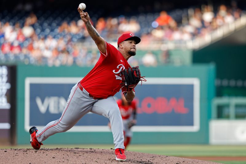 Jul 19, 2024; Washington, District of Columbia, USA; Cincinnati Reds starting pitcher Frankie Montas (47) pitches against the Washington Nationals during the first inning at Nationals Park. Mandatory Credit: Geoff Burke-USA TODAY Sports