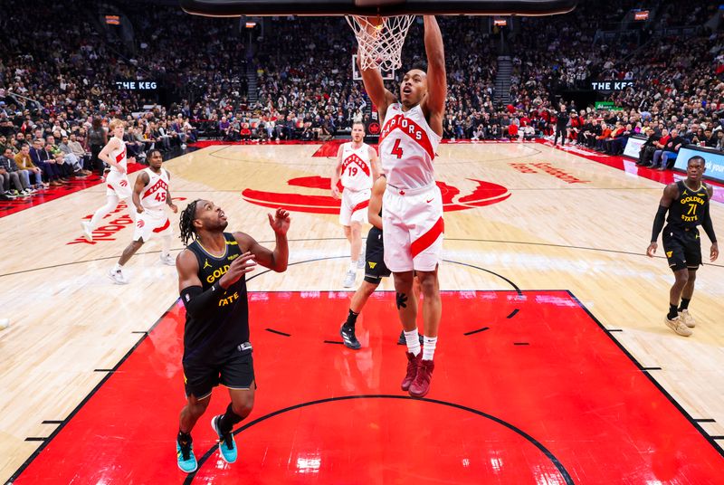 TORONTO, CANADA - JANUARY 13: Scottie Barnes #4 of the Toronto Raptors dunks the ball during the game against the Golden State Warriors on January 13, 2025 at the Scotiabank Arena in Toronto, Ontario, Canada.  NOTE TO USER: User expressly acknowledges and agrees that, by downloading and or using this Photograph, user is consenting to the terms and conditions of the Getty Images License Agreement.  Mandatory Copyright Notice: Copyright 2025 NBAE (Photo by Vaughn Ridley/NBAE via Getty Images)