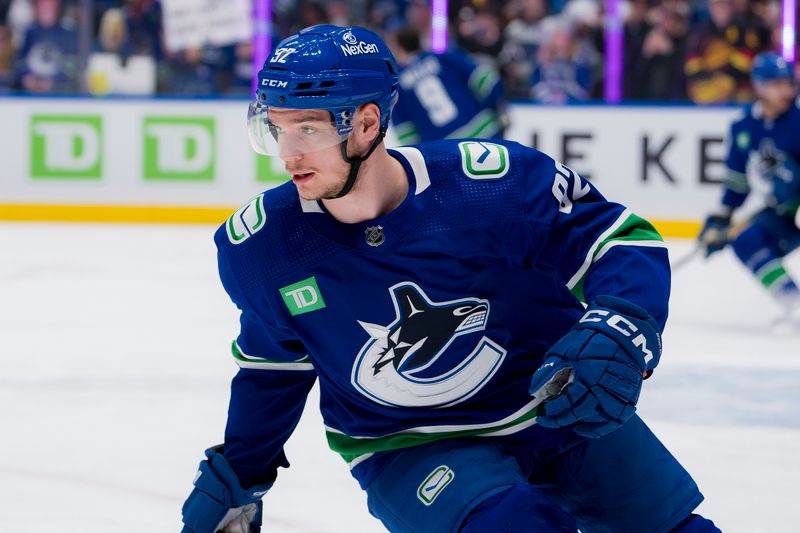 Mar 9, 2024; Vancouver, British Columbia, CAN; Vancouver Canucks forward Vasily Podkolzin (92) skates during warm up prior to a game against the Winnipeg Jets at Rogers Arena. Mandatory Credit: Bob Frid-USA TODAY Sports