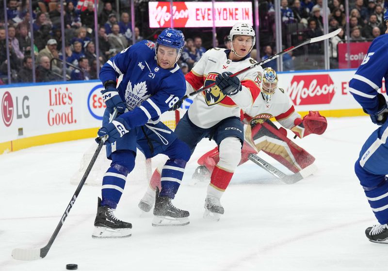 Nov 28, 2023; Toronto, Ontario, CAN; Toronto Maple Leafs center Noah Gregor (18) battles for the puck with Florida Panthers defenseman Gustav Forsling (42) during the first period at Scotiabank Arena. Mandatory Credit: Nick Turchiaro-USA TODAY Sports