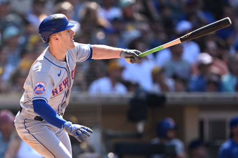 Jul 9, 2023; San Diego, California, USA; New York Mets left fielder Mark Canha (19) watches his two-RBI double against the San Diego Padres during the eighth inning at Petco Park. Mandatory Credit: Orlando Ramirez-USA TODAY Sports