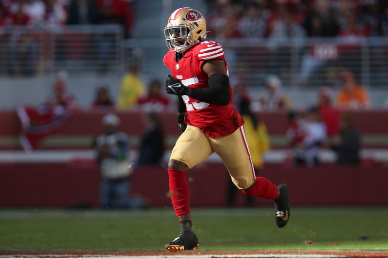 San Francisco 49ers linebacker Demetrius Flannigan-Fowles (45) runs during an NFL football game against the Tampa Bay Buccaneers, Sunday, Nov. 19, 2023, in Santa Clara, Calif. (AP Photo/Scot Tucker)