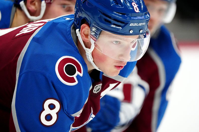 Nov 9, 2024; Denver, Colorado, USA; Colorado Avalanche defenseman Cale Makar (8) during the third period against the Carolina Hurricanes at Ball Arena. Mandatory Credit: Ron Chenoy-Imagn Images