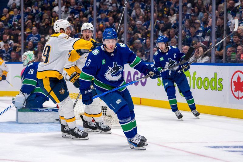 Apr 23, 2024; Vancouver, British Columbia, CAN; Vancouver Canucks defenseman Quinn Hughes (43) and forward Nils Hoglander (21) react as Nashville Predators defenseman Roman Josi (59) and forward Colton Sissons (10) celebrate Sisson’s goal during the second period in game two of the first round of the 2024 Stanley Cup Playoffs at Rogers Arena. Mandatory Credit: Bob Frid-USA TODAY Sports