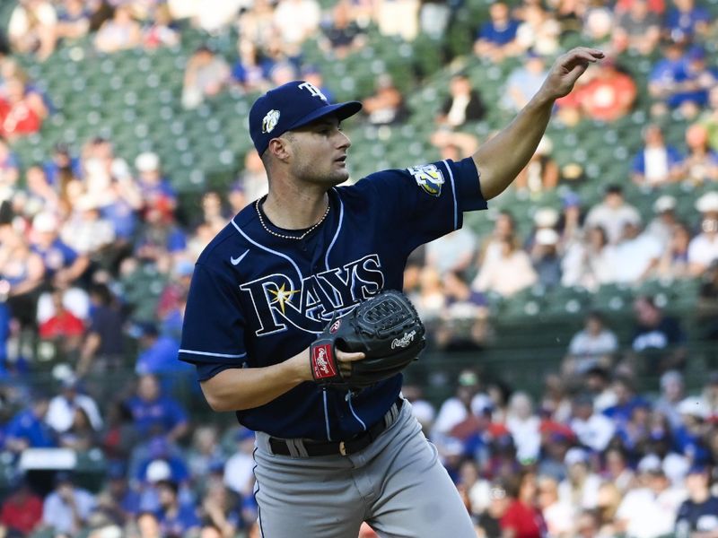 May 30, 2023; Chicago, Illinois, USA; Tampa Bay Rays starting pitcher Shane McClanahan (18) delivers against the Chicago Cubs during the first inning  at Wrigley Field. Mandatory Credit: Matt Marton-USA TODAY Sports