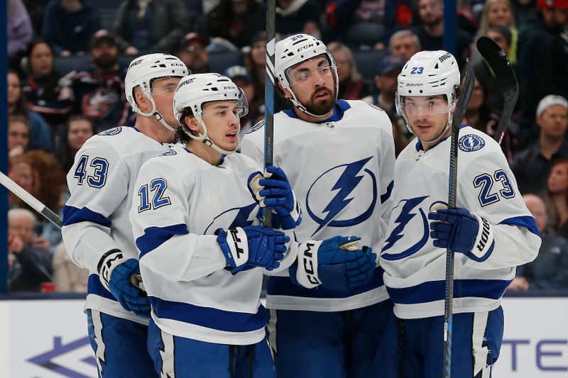 Feb 10, 2024; Columbus, Ohio, USA; Tampa Bay Lightning center Nick Paul (20) celebrates his goal against the Columbus Blue Jackets during the first period at Nationwide Arena. Mandatory Credit: Russell LaBounty-USA TODAY Sports