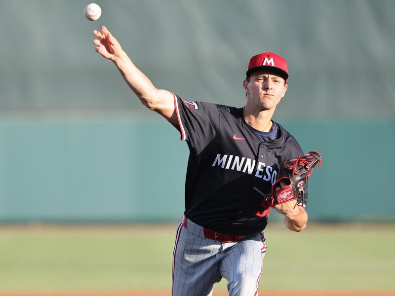 Mar 14, 2025; Sarasota, Florida, USA;  Minnesota Twins starting pitcher David Festa (58) throws a pitch during the second inning against the Baltimore Orioles at Ed Smith Stadium. Mandatory Credit: Kim Klement Neitzel-Imagn Images