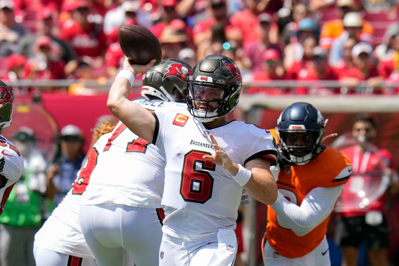 Tampa Bay Buccaneers quarterback Baker Mayfield (6) during the first half of an NFL football game against the Denver Broncos, in Tampa, Fla. on Sunday, Sept. 22, 2024. (AP Photo/Chris O'Meara)