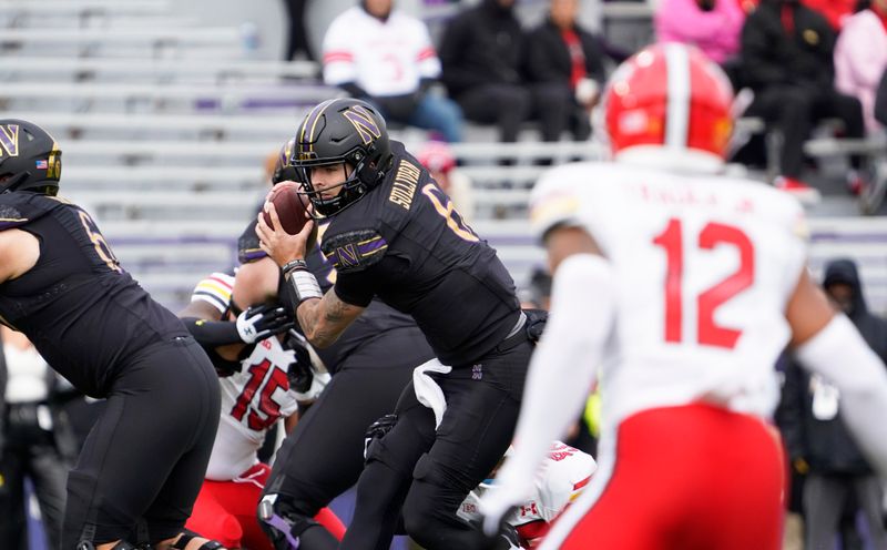 Oct 28, 2023; Evanston, Illinois, USA; Northwestern Wildcats quarterback Brendan Sullivan (6) runs the ball against the Maryland Terrapins during the first half at Ryan Field. Mandatory Credit: David Banks-USA TODAY Sports