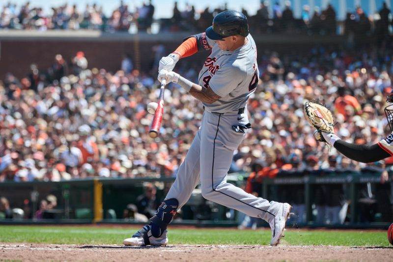 Aug 10, 2024; San Francisco, California, USA; Detroit Tigers infielder Bligh Madris (40) bats against the San Francisco Giants during the sixth inning at Oracle Park. Mandatory Credit: Robert Edwards-USA TODAY Sports