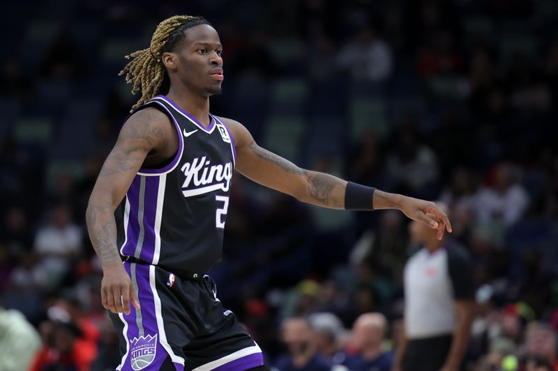 NEW ORLEANS, LOUISIANA - DECEMBER 12: Keon Ellis #23 of the Sacramento Kings reacts against the New Orleans Pelicans during a game at the Smoothie King Center on December 12, 2024 in New Orleans, Louisiana. NOTE TO USER: User expressly acknowledges and agrees that, by downloading and or using this Photograph, user is consenting to the terms and conditions of the Getty Images License Agreement. (Photo by Jonathan Bachman/Getty Images)