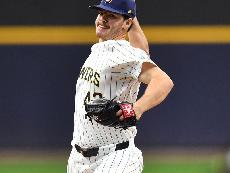 Apr 20, 2025; Milwaukee, Wisconsin, USA; Milwaukee Brewers starting pitcher Logan Henderson (43) pitches during the second inning against the Athletics in his MLB debut at American Family Field. Mandatory Credit: Patrick Gorski-Imagn Images