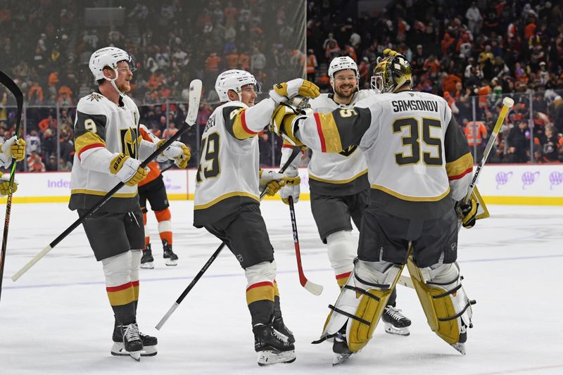 Nov 25, 2024; Philadelphia, Pennsylvania, USA; Vegas Golden Knights goaltender Ilya Samsonov (35) celebrates shootout win against the Philadelphia Flyers with center Jack Eichel (9), center Ivan Barbashev (49) and center Tomas Hertl (48) at Wells Fargo Center. Mandatory Credit: Eric Hartline-Imagn Images