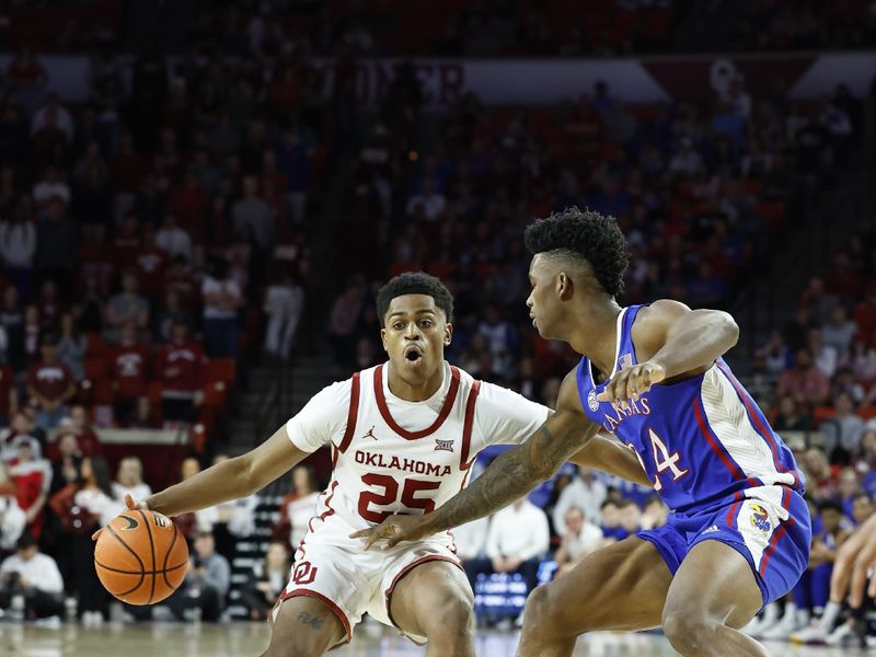 Feb 11, 2023; Norman, Oklahoma, USA; Oklahoma Sooners guard Grant Sherfield (25) is defended by Kansas Jayhawks forward K.J. Adams Jr. (24) during the second half at Lloyd Noble Center. Kansas won 78-55. Mandatory Credit: Alonzo Adams-USA TODAY Sports