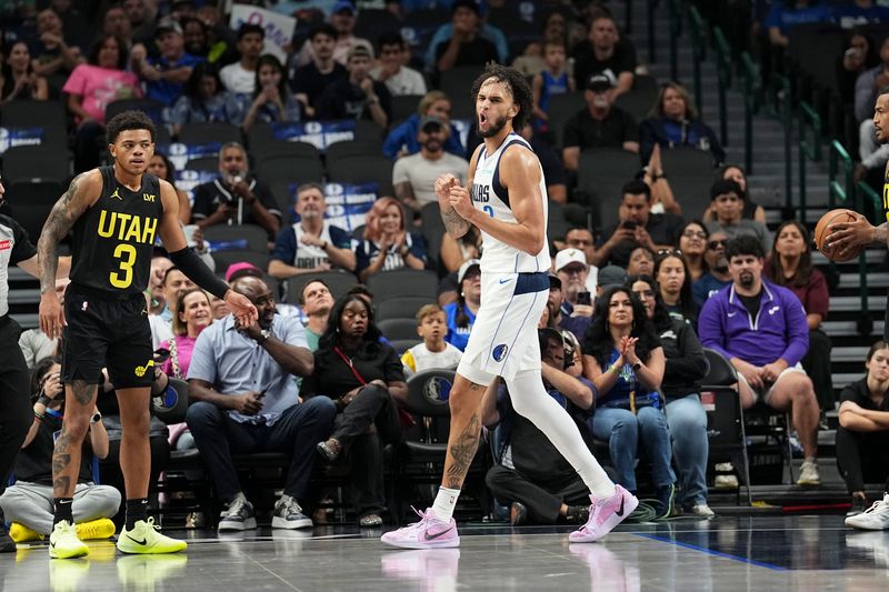 DALLAS, TX - OCTOBER 10: Dereck Lively II #2 of the Dallas Mavericks celebrates during the game against the Utah Jazz on October 10, 2024 at American Airlines Center in Dallas, Texas. NOTE TO USER: User expressly acknowledges and agrees that, by downloading and or using this photograph, User is consenting to the terms and conditions of the Getty Images License Agreement. Mandatory Copyright Notice: Copyright 2024 NBAE (Photo by Glenn James/NBAE via Getty Images)