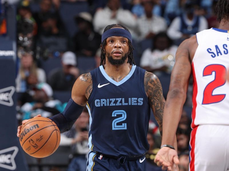 MEMPHIS, TN - APRIL 5: Zavier Simpson #2 of the Memphis Grizzlies brings the ball up court during the game against the Detroit Pistons on April 5, 2024 at FedExForum in Memphis, Tennessee. NOTE TO USER: User expressly acknowledges and agrees that, by downloading and or using this photograph, User is consenting to the terms and conditions of the Getty Images License Agreement. Mandatory Copyright Notice: Copyright 2024 NBAE (Photo by Joe Murphy/NBAE via Getty Images)