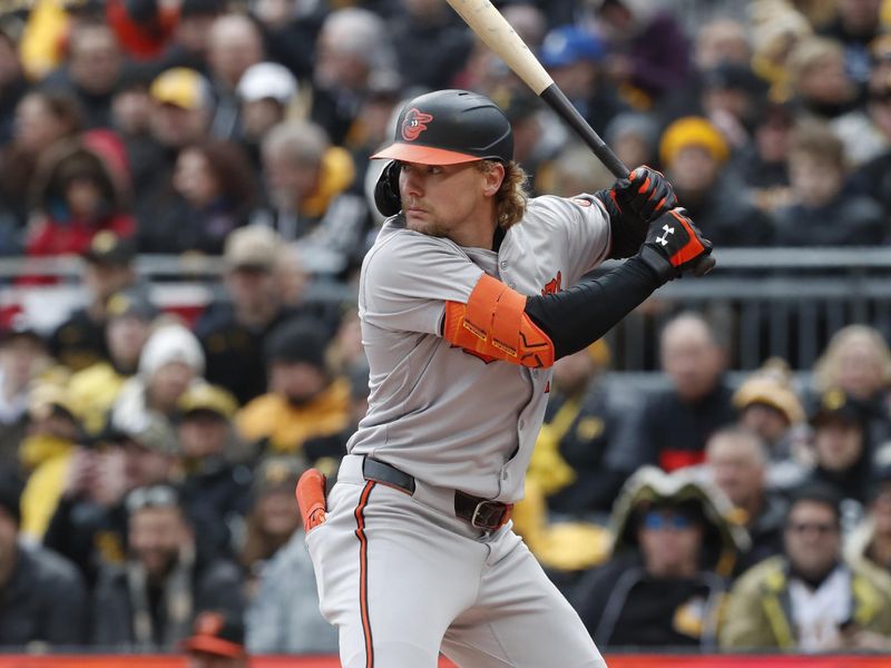 Apr 5, 2024; Pittsburgh, Pennsylvania, USA;  Baltimore Orioles shortstop Gunnar Henderson (2) stands at bat against the Pittsburgh Pirates during the first inning at PNC Park. Mandatory Credit: Charles LeClaire-USA TODAY Sports