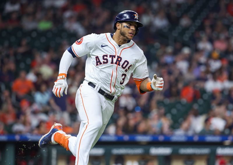 May 21, 2024; Houston, Texas, USA; Houston Astros shortstop Jeremy Pena (3) runs on a double during the sixth inning against the Los Angeles Angels at Minute Maid Park. Mandatory Credit: Troy Taormina-USA TODAY Sports