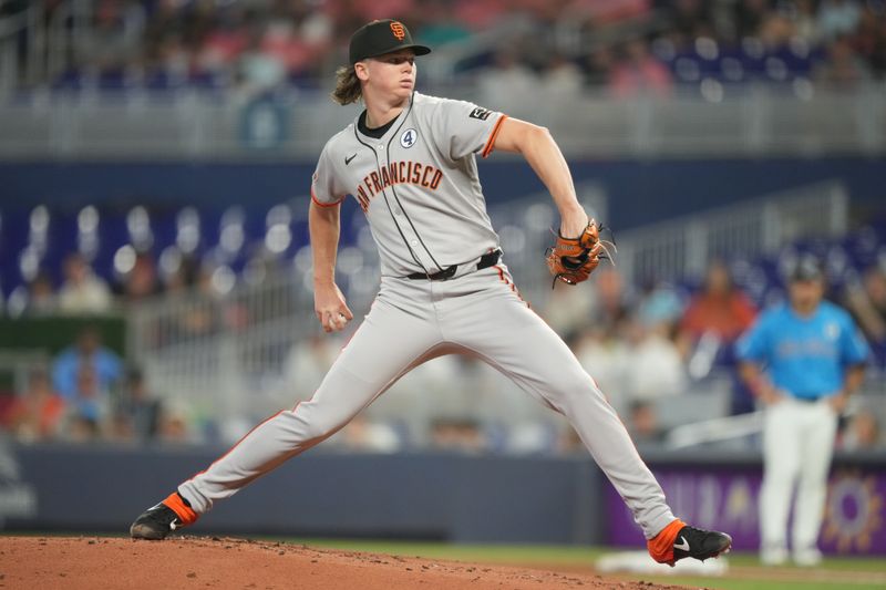 Jun 1, 2025; Miami, Florida, USA;  San Francisco Giants pitcher Hayden Birdsong (60) pitches against the Miami Marlins in the first inning at loanDepot Park. Mandatory Credit: Jim Rassol-Imagn Images