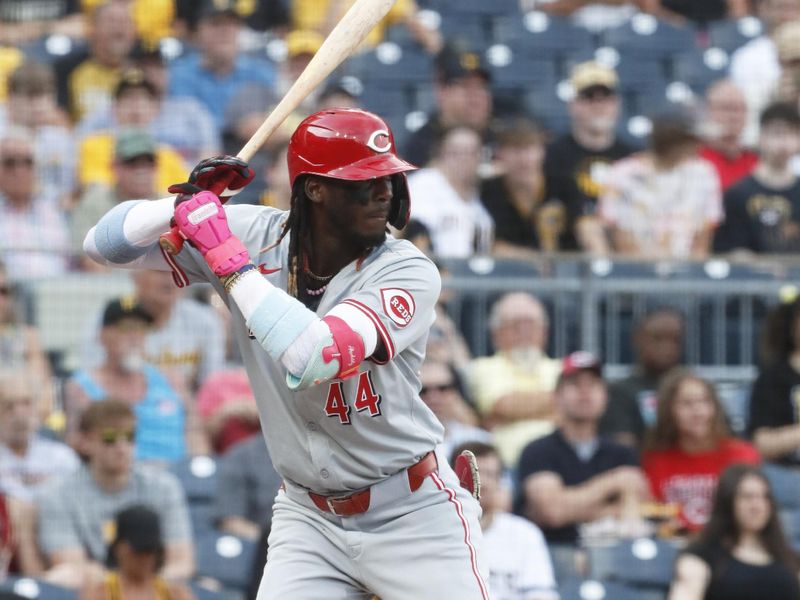 Jun 18, 2024; Pittsburgh, Pennsylvania, USA;  Cincinnati Reds shortstop Elly De La Cruz (44) at bat against the Pittsburgh Pirates during the first inning at PNC Park. Mandatory Credit: Charles LeClaire-USA TODAY Sports