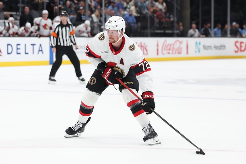 Oct 22, 2024; Salt Lake City, Utah, USA; Ottawa Senators defenseman Thomas Chabot (72) looks to shoot against the Utah Hockey Club during the first period at Delta Center. Mandatory Credit: Rob Gray-Imagn Images