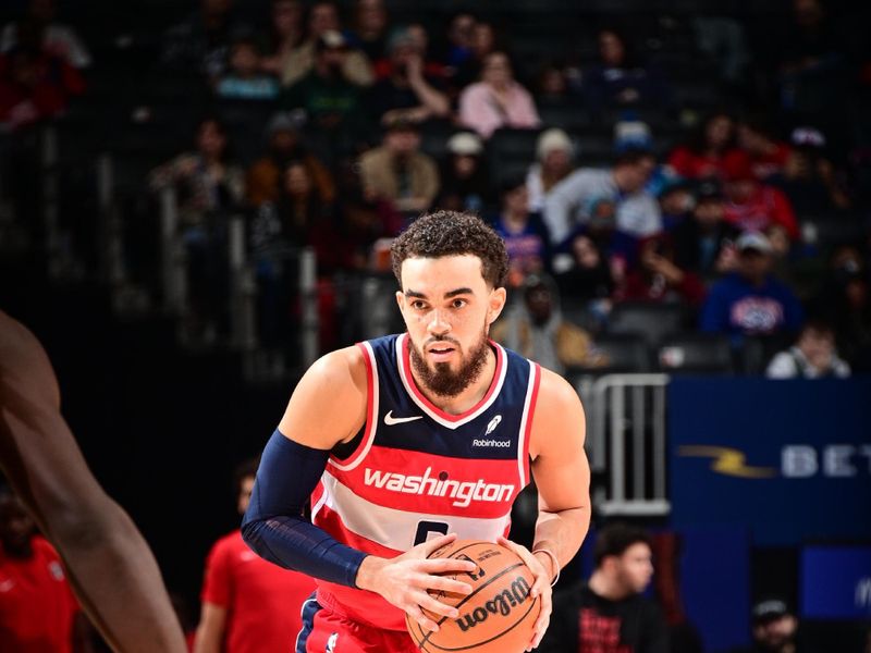 DETROIT, MI - JANUARY 27: Tyus Jones #5 of the Washington Wizards handles the ball during the game against the Detroit Pistons on January 27, 2024 at Little Caesars Arena in Detroit, Michigan. NOTE TO USER: User expressly acknowledges and agrees that, by downloading and/or using this photograph, User is consenting to the terms and conditions of the Getty Images License Agreement. Mandatory Copyright Notice: Copyright 2024 NBAE (Photo by Chris Schwegler/NBAE via Getty Images)