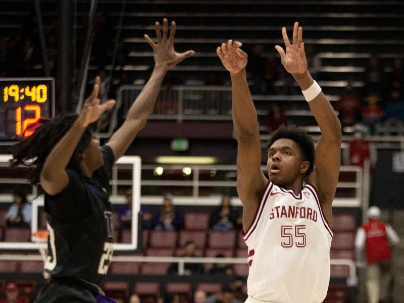 Feb 26, 2023; Stanford, California, USA; Stanford Cardinal forward Harrison Ingram (55) shoots over Washington Huskies guard Keyon Menifield (23) during the first half at Maples Pavilion. Mandatory Credit: D. Ross Cameron-USA TODAY Sports