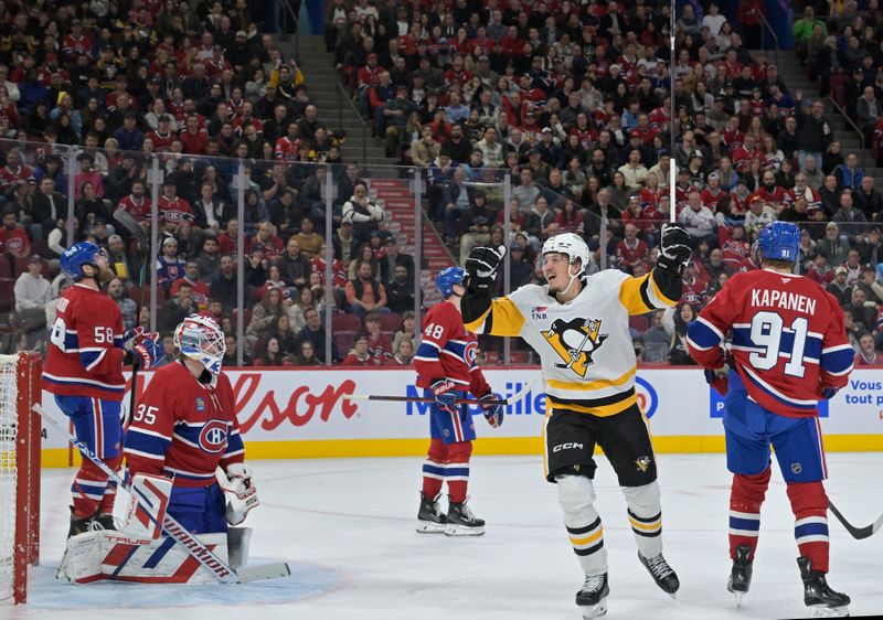 Oct 14, 2024; Montreal, Quebec, CAN; Pittsburgh Penguins forward Rickard Rakell (67) celebrates after scoring a goal against Montreal Canadiens goalie Sam Montembeault (35) during the first period at the Bell Centre. Mandatory Credit: Eric Bolte-Imagn Images