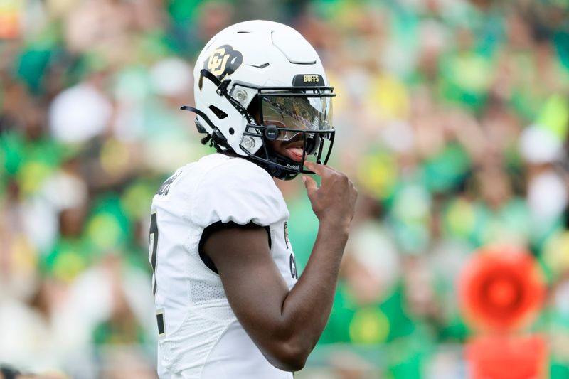 Sep 23, 2023; Eugene, Oregon, USA; Colorado Buffaloes quarterback Shedeur Sanders (2) looks on during the first half against the Oregon Ducks at Autzen Stadium. Mandatory Credit: Soobum Im-USA TODAY Sports