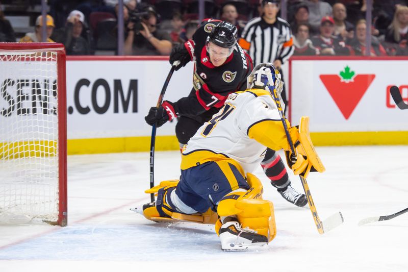 Jan 29, 2024; Ottawa, Ontario, CAN; Nashville Predators goalie Juuse Saros (74) makes a save on a shot from Ottawa Senators left wing Brady Tkachuk (7) in the first period at the Canadian Tire Centre. Mandatory Credit: Marc DesRosiers-USA TODAY Sports