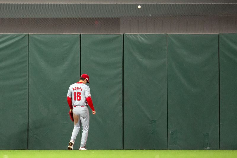 Jun 14, 2024; San Francisco, California, USA; Los Angeles Angels center fielder Mickey Moniak (16) watches a three-run home run by San Francisco Giants center fielder Heliot Ramos land over the center field fence during the eighth inning at Oracle Park. Mandatory Credit: D. Ross Cameron-USA TODAY Sports