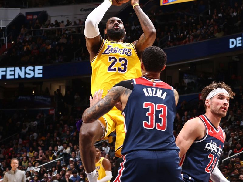 WASHINGTON, DC -? APRIL 4: LeBron James #23 of the Los Angeles Lakers drives to the basket during the game against the Washington Wizards on April 4, 2024 at Capital One Arena in Washington, DC. NOTE TO USER: User expressly acknowledges and agrees that, by downloading and or using this Photograph, user is consenting to the terms and conditions of the Getty Images License Agreement. Mandatory Copyright Notice: Copyright 2024 NBAE (Photo by Kenny Giarla/NBAE via Getty Images)