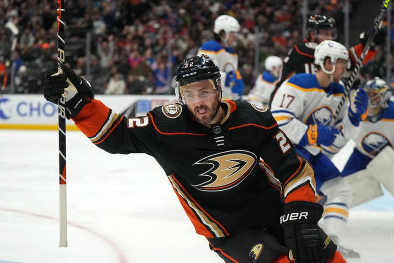 Feb 15, 2023; Anaheim, California, USA; Anaheim Ducks defenseman Kevin Shattenkirk (22) celebrates after a goal against the Buffalo Sabres in the second period at Honda Center. Mandatory Credit: Kirby Lee-USA TODAY Sports