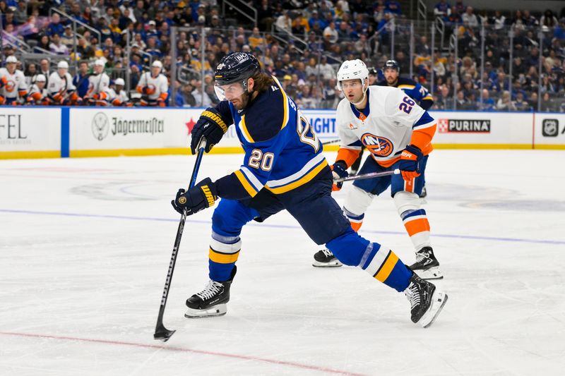 Oct 17, 2024; St. Louis, Missouri, USA;  St. Louis Blues left wing Brandon Saad (20) shoots against the New York Islanders during the second period at Enterprise Center. Mandatory Credit: Jeff Curry-Imagn Images