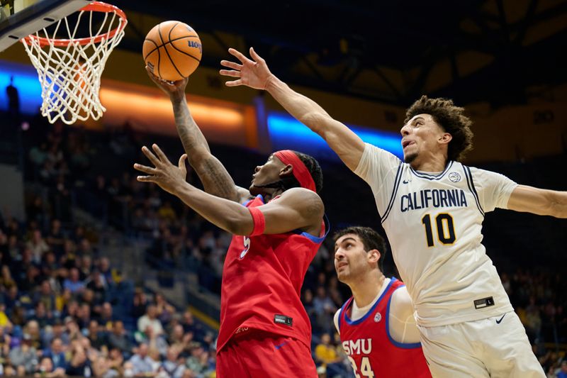 Feb 25, 2026; Berkeley, California, USA; SMU Mustangs guard Jaron Pierre Jr. (5) shoots the ball against California Golden Bears guard Justin Pippen (10) during the first half at Haas Pavilion. Mandatory Credit: Robert Edwards-Imagn Images
