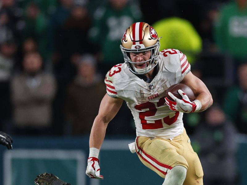 San Francisco 49ers running back Christian McCaffrey (23) in action against Philadelphia Eagles defensive tackle Milton Williams (93) during an NFL football game, Sunday, Dec, 3, 2023, in Philadelphia. the 49ers defeated the Eagles 42-19. (AP Photo/Rich Schultz)