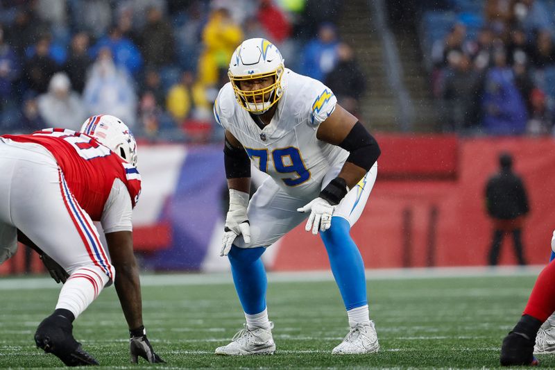 Los Angeles Chargers offensive tackle Trey Pipkins III during an NFL football game against the New England Patriots at Gillette Stadium, Sunday, Dec. 3, 2023 in Foxborough, Mass. (Winslow Townson/AP Images for Panini)