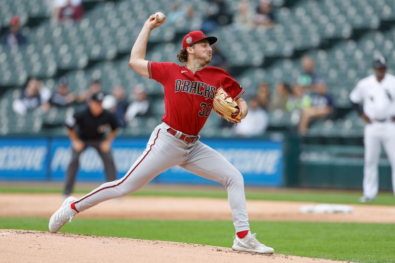 Sep 27, 2023; Chicago, Illinois, USA; Arizona Diamondbacks starting pitcher Brandon Pfaadt (32) delivers a pitch against the Chicago White Sox during the first inning at Guaranteed Rate Field. Mandatory Credit: Kamil Krzaczynski-USA TODAY Sports