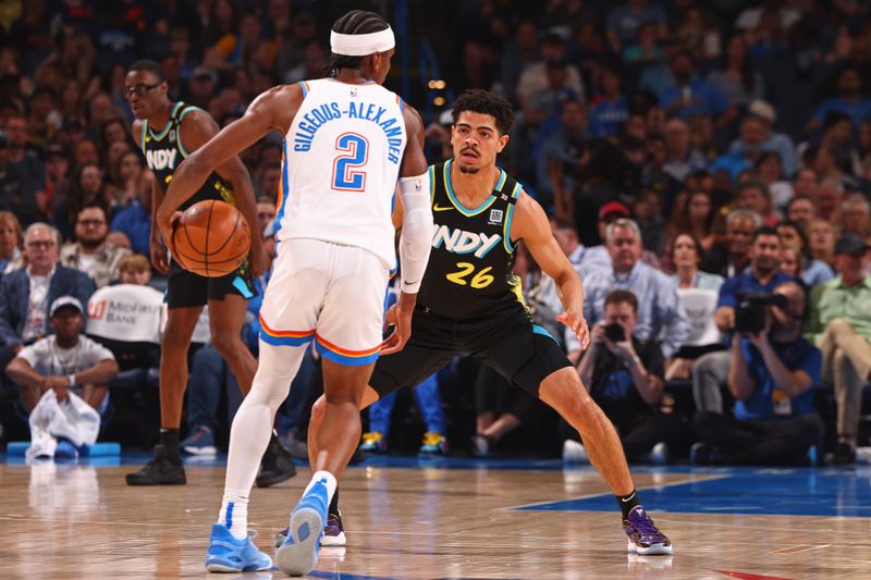 OKLAHOMA CITY, OK - MARCH 12: Ben Sheppard #26 of the Indiana Pacers plays defense during the game against the Oklahoma City Thunder on March 12, 2024 at Paycom Arena in Oklahoma City, Oklahoma. NOTE TO USER: User expressly acknowledges and agrees that, by downloading and or using this photograph, User is consenting to the terms and conditions of the Getty Images License Agreement. Mandatory Copyright Notice: Copyright 2024 NBAE (Photo by Zach Beeker/NBAE via Getty Images)