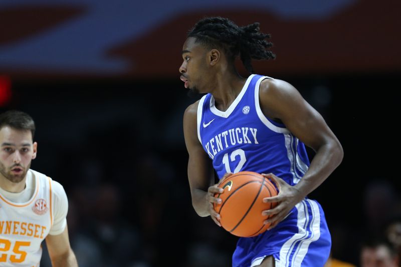 Mar 9, 2024; Knoxville, Tennessee, USA; Kentucky Wildcats guard Antonio Reeves (12) moves the ball against the Tennessee Volunteers during the first half at Thompson-Boling Arena at Food City Center. Mandatory Credit: Randy Sartin-USA TODAY Sports