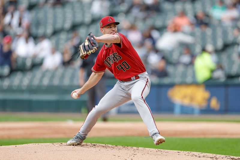 Sep 28, 2023; Chicago, Illinois, USA; Arizona Diamondbacks relief pitcher Bryce Jarvis (40) delivers a pitch against the Chicago White Sox during the first inning at Guaranteed Rate Field. Mandatory Credit: Kamil Krzaczynski-USA TODAY Sports