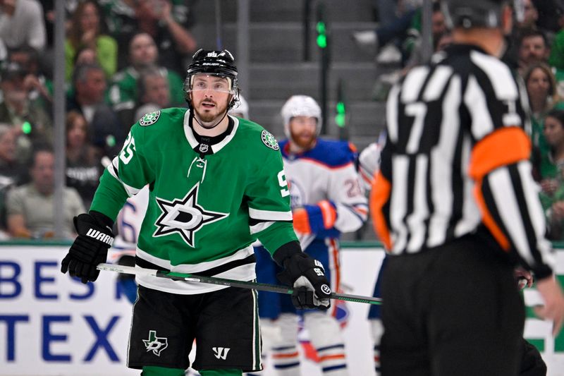 May 23, 2025; Dallas, Texas, USA; Dallas Stars center Matt Duchene (95) skates off the ice after the Edmonton Oilers score during the second period in game two of the Western Conference Final of the 2025 Stanley Cup Playoffs at American Airlines Center. Mandatory Credit: Jerome Miron-Imagn Images