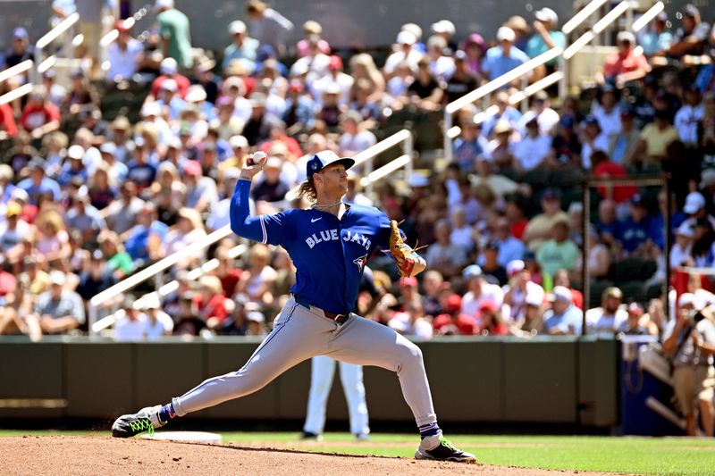 Mar 20, 2024; North Port, Florida, USA; Toronto Blue Jays starting pitcher Bowden Francis (44) throws a pitch in the first inning of the spring training game against the Atlanta Braves at CoolToday Park. Mandatory Credit: Jonathan Dyer-USA TODAY Sports