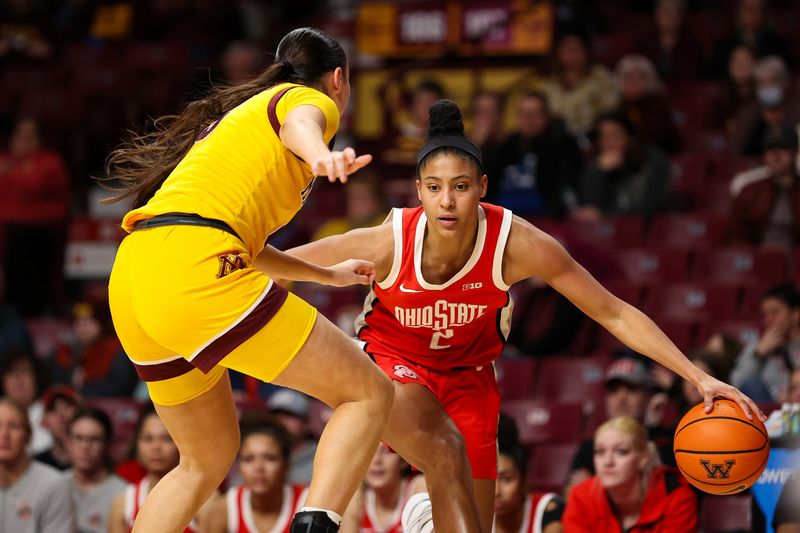 Feb 8, 2024; Minneapolis, Minnesota, USA; Ohio State Buckeyes guard Taylor Thierry (2) works around Minnesota Golden Gophers guard Maggie Czinano (5) during the second half at Williams Arena. Mandatory Credit: Matt Krohn-USA TODAY Sports