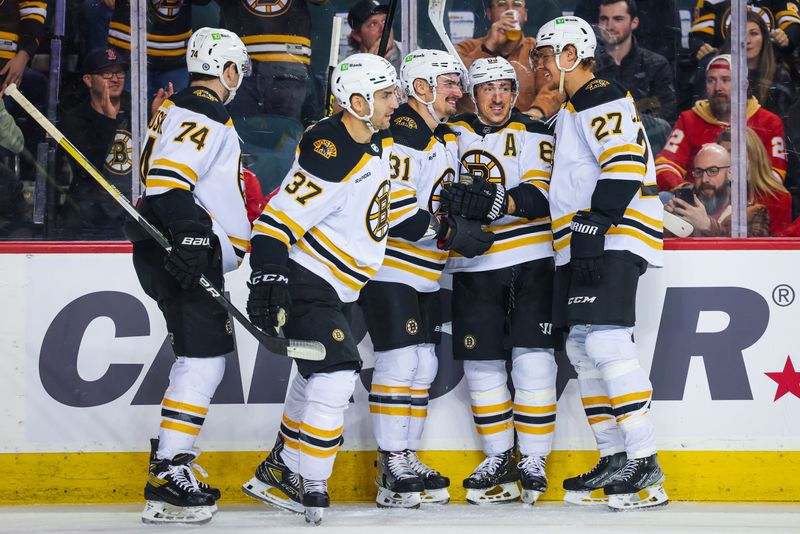 Feb 28, 2023; Calgary, Alberta, CAN; Boston Bruins defenseman Dmitry Orlov (81) celebrates his goal with teammates against the Calgary Flames during the first period at Scotiabank Saddledome. Mandatory Credit: Sergei Belski-USA TODAY Sports