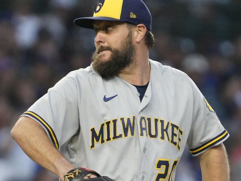 Aug 28, 2023; Chicago, Illinois, USA; Milwaukee Brewers starting pitcher Wade Miley (20) throws the ball against the Chicago Cubs during the first inning at Wrigley Field. Mandatory Credit: David Banks-USA TODAY Sports